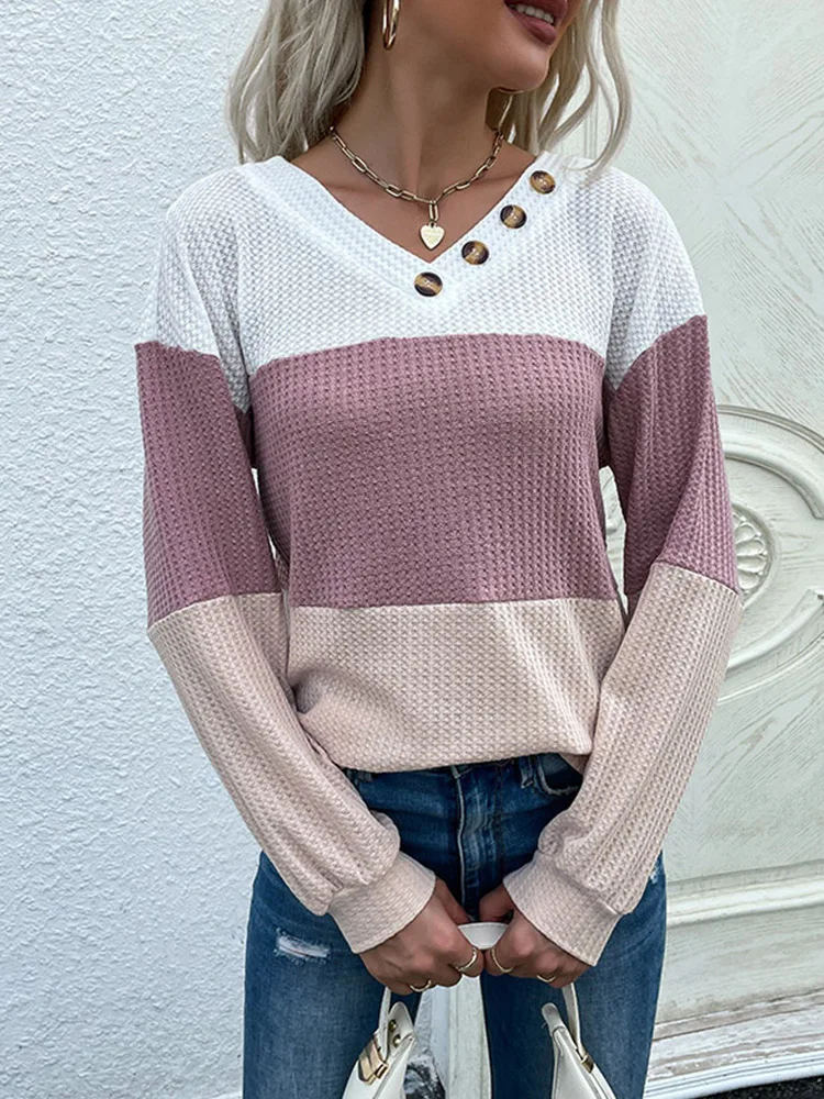 

Women's Autumn Winter Button V-neck Long Sleeve Splice Casual Fashion Elegant European and American style Pullover Sweate