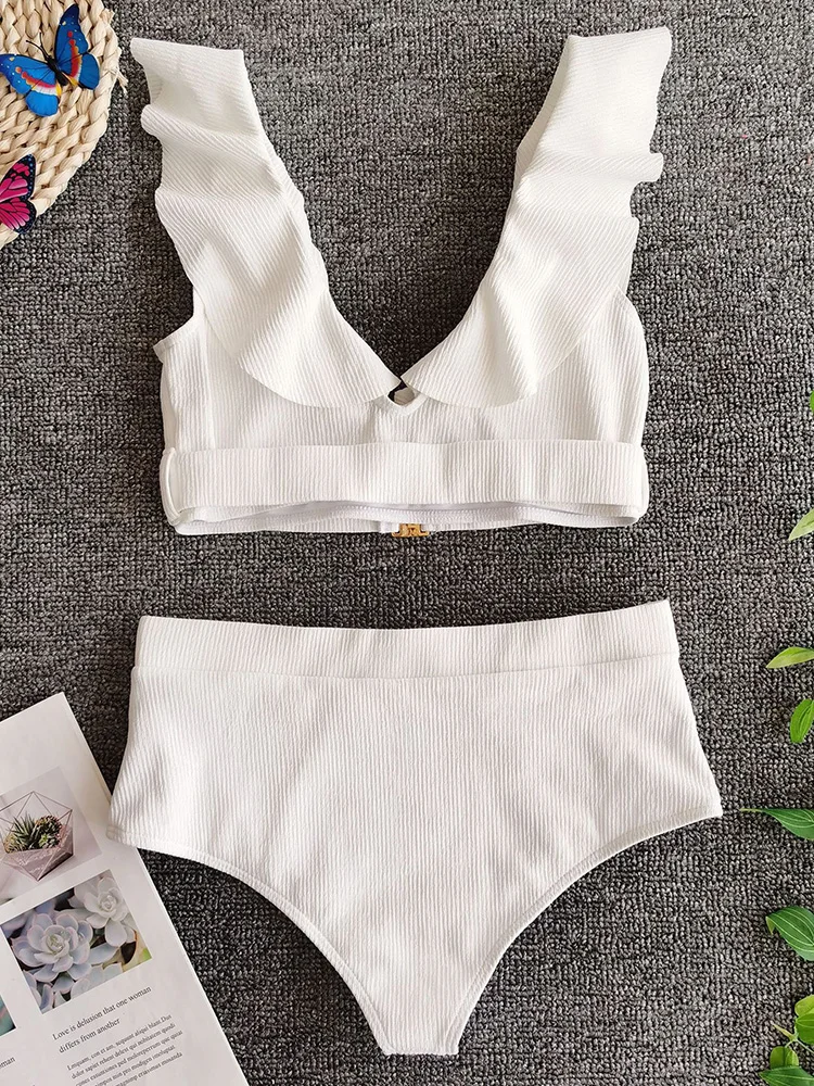 White Ruffled Female Swimsuit High Waist Bikini Women Ribbed Swimwear Two pieces Bikini set Buckle Bather Bathing Suit Swim Lady