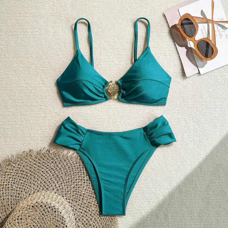 Push-Up Halter Bikini Set With Shell Button Detail for Summer Beach Days — photo 5
