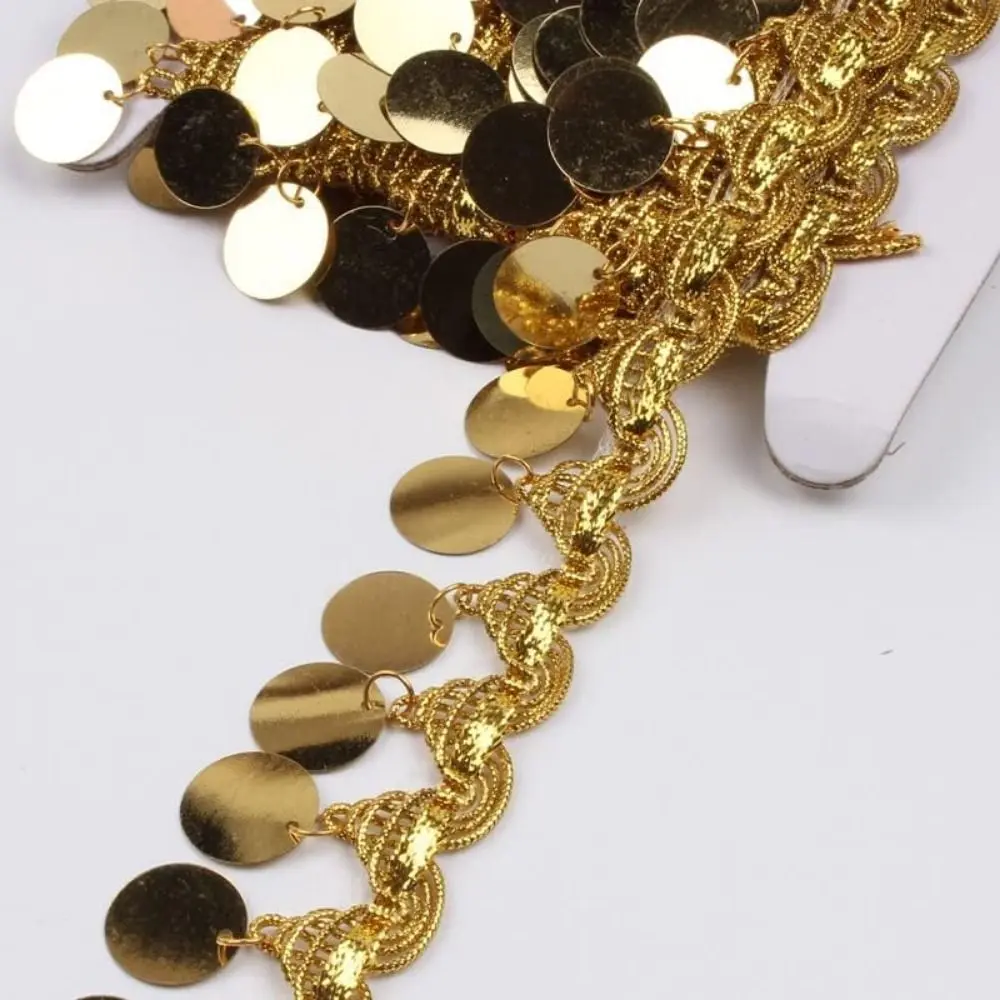 Creative Belly Dance Waist Chain Shiny Tassel DIY Sewing Sequins Lace Trim Golden Pendant 10 Yards Sequins Waist Chain