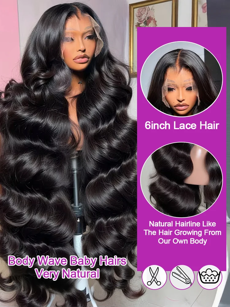 Perruque Frontale 13×6 et 360 HD Transparent, Body Wave Cheveux Naturels Brésiliens, Glueless Nœuds Blanchis 250 Density 30 40 Pouces pour Femmes Noires