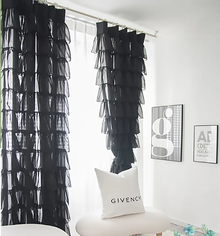 Modern Fashion Cupcake Layer Curtains Korean Black White Lace Sheer Curtain for Living Room Girls Room Romantic Ruffles Cortinas