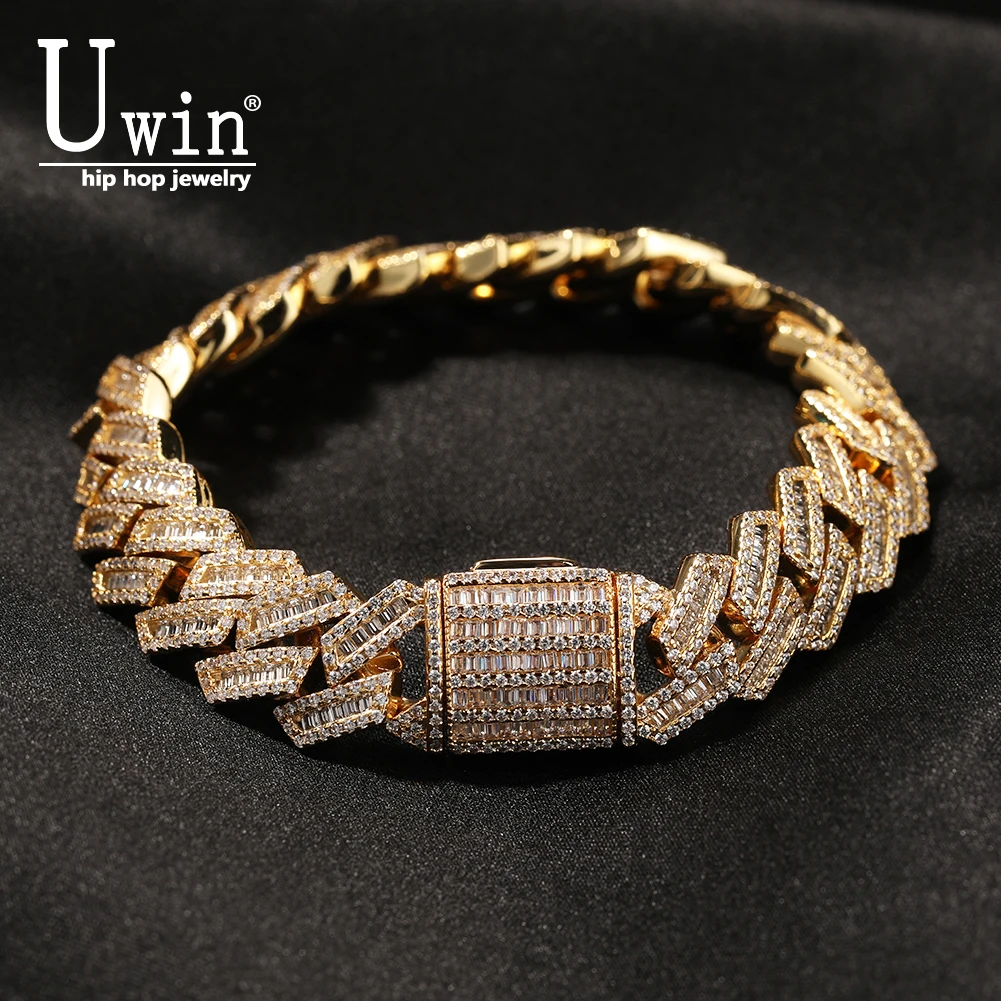 

UWIN 12mm Fashion Cuban Link Chain Bracelets Iced Out Pave Setting Baguette CZ Stones Necklace for Women Men Hip Hop Jewelry