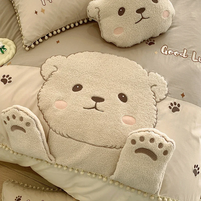 Cute Cartoon Bear Applique Embroidery 100% Cotton Child Bedding Set Single Quilt Cover Bed Comforter Cover Bed Sheet Pillowcases