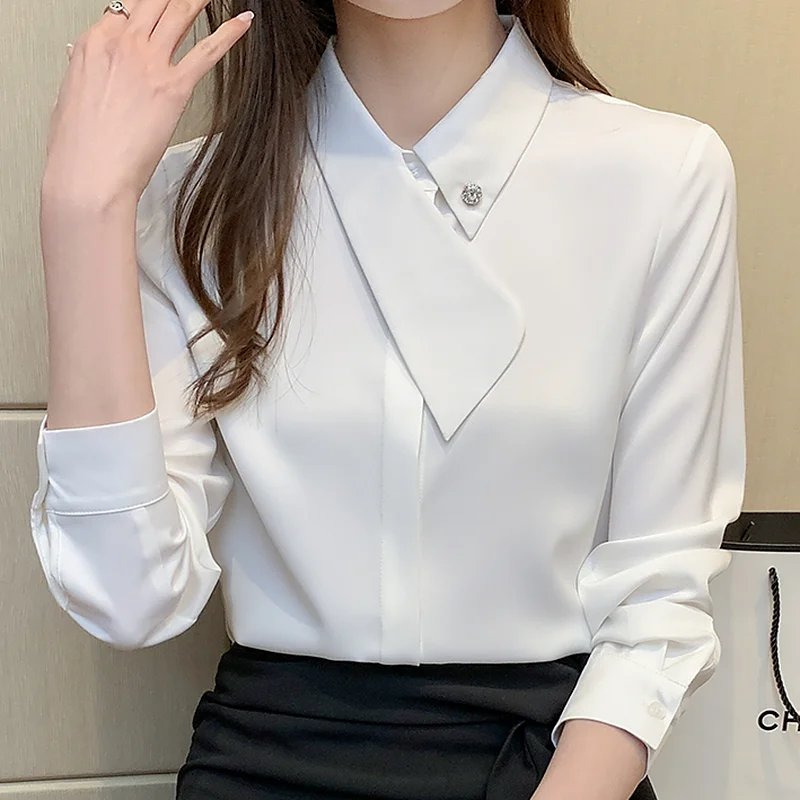 Porcentaje Mensajero agudo Camisas elegantes para mujer, blusas de manga larga con cuello vuelto, ropa  de oficina para mujer, Tops de gasa con diamantes a la moda 2023 -  AliExpress