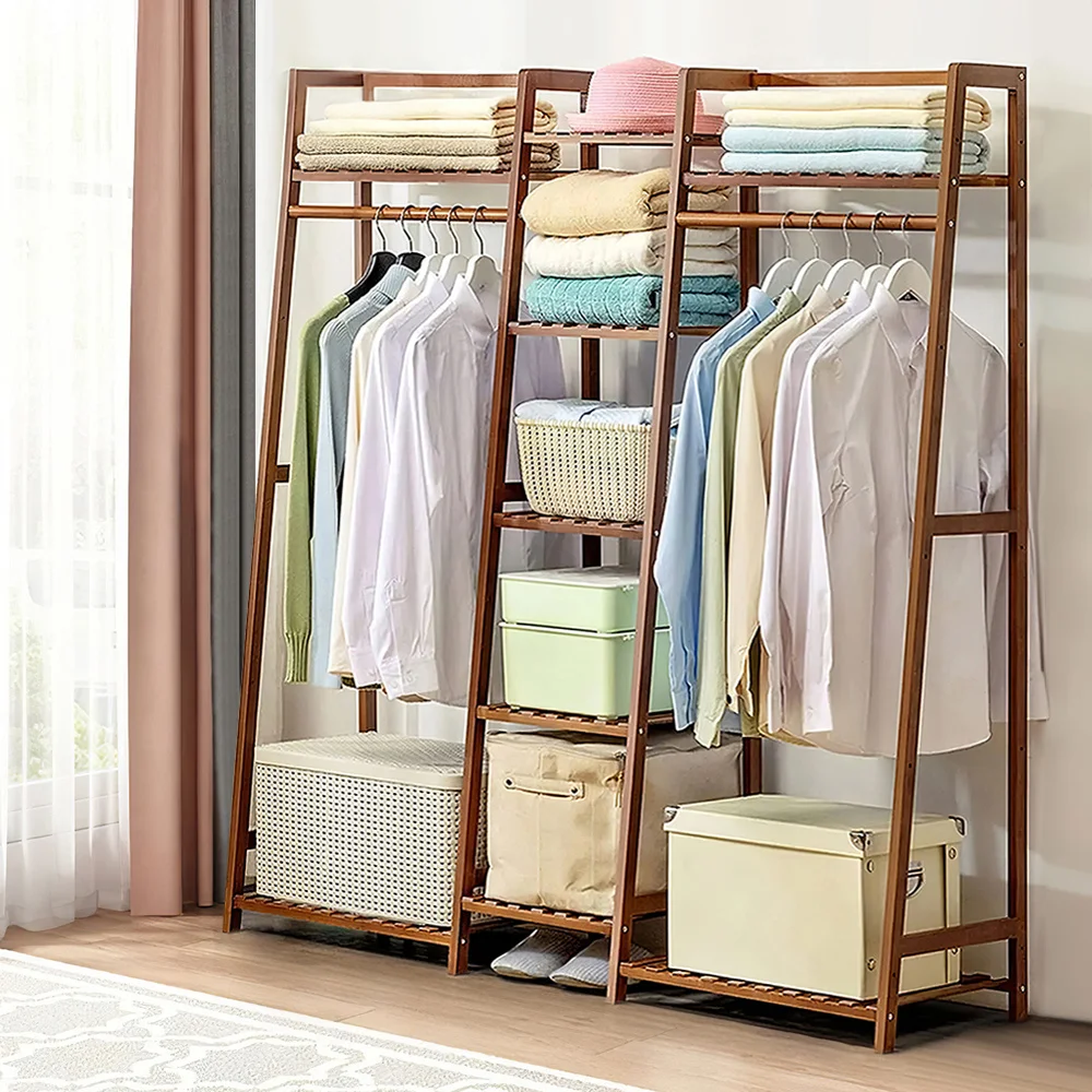Large Capacity Bamboo Trapezoid Clothing Rack with 9-Tier Storage Shelves Multi-Functional Clothes Hanging Rack Stand, Free