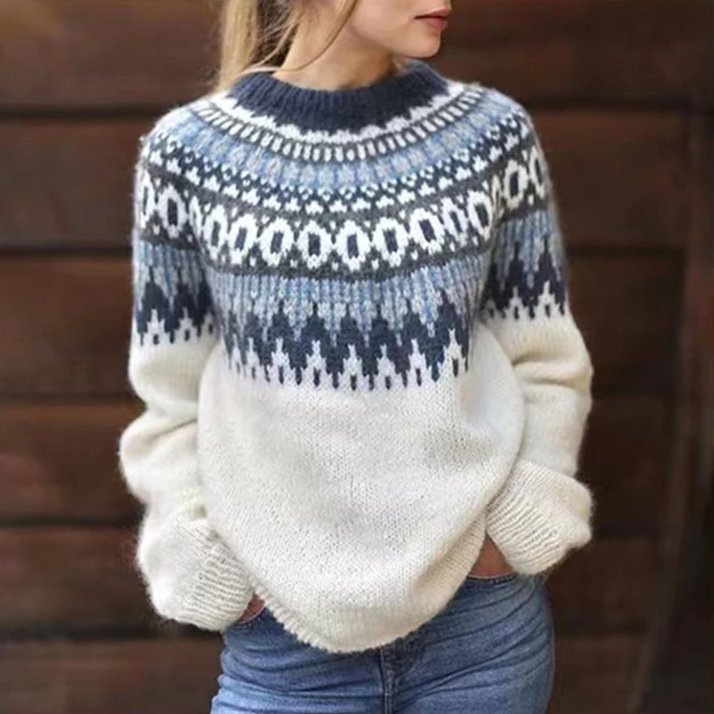 

Retro Jacquard Print Crochet Autumn Sweater Women O Neck Rib Knitted Top Pullover Winter Long Sleeve Warm Cashmere Sweater Mujer