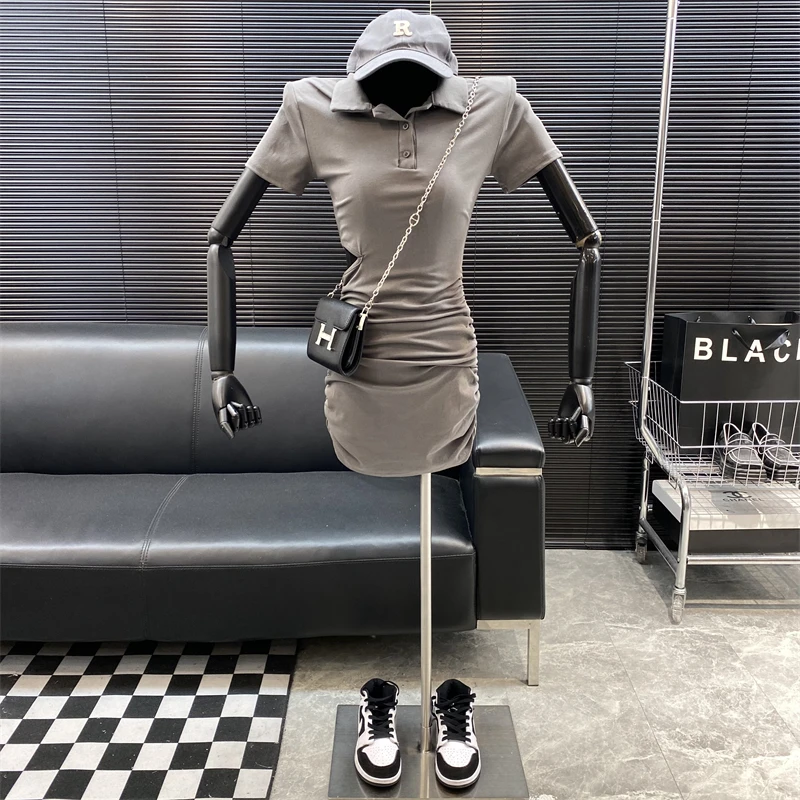 

2022 New fashion style Famous brand Hollowed out dropped waist style dress turndown collar fold A-line dress