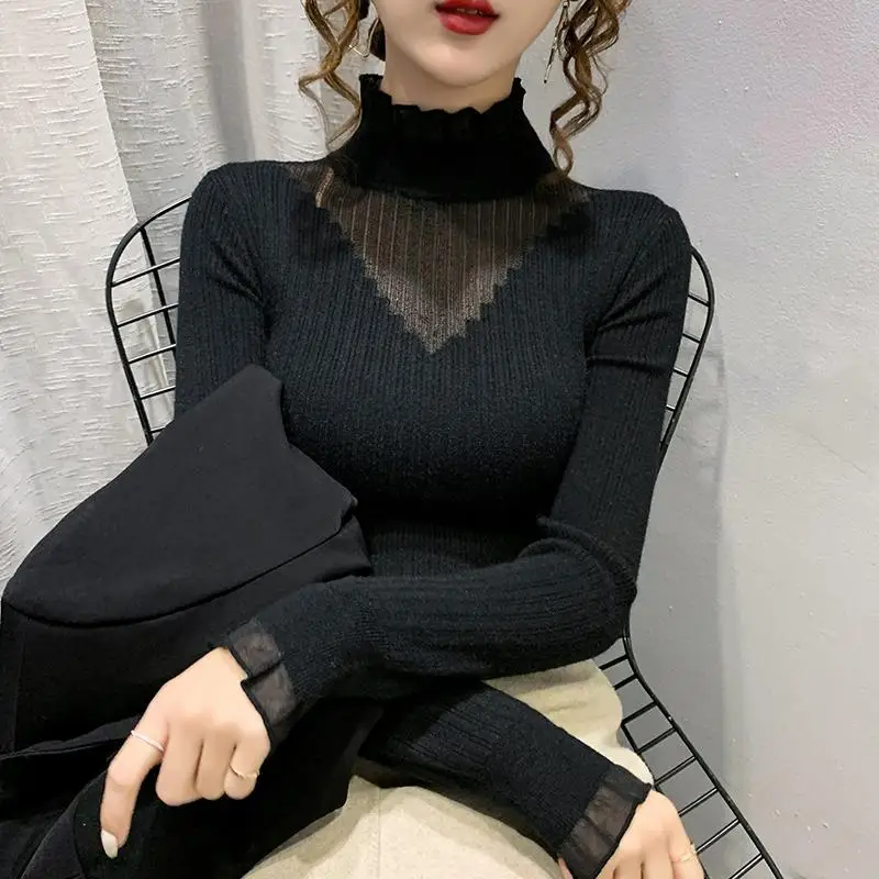 

Lace Patchwork Knitted Sweater Women Half Turtleneck Pullover Sexy Slim Long Sleeve Korean Chic Coat French Tops Streetwear New