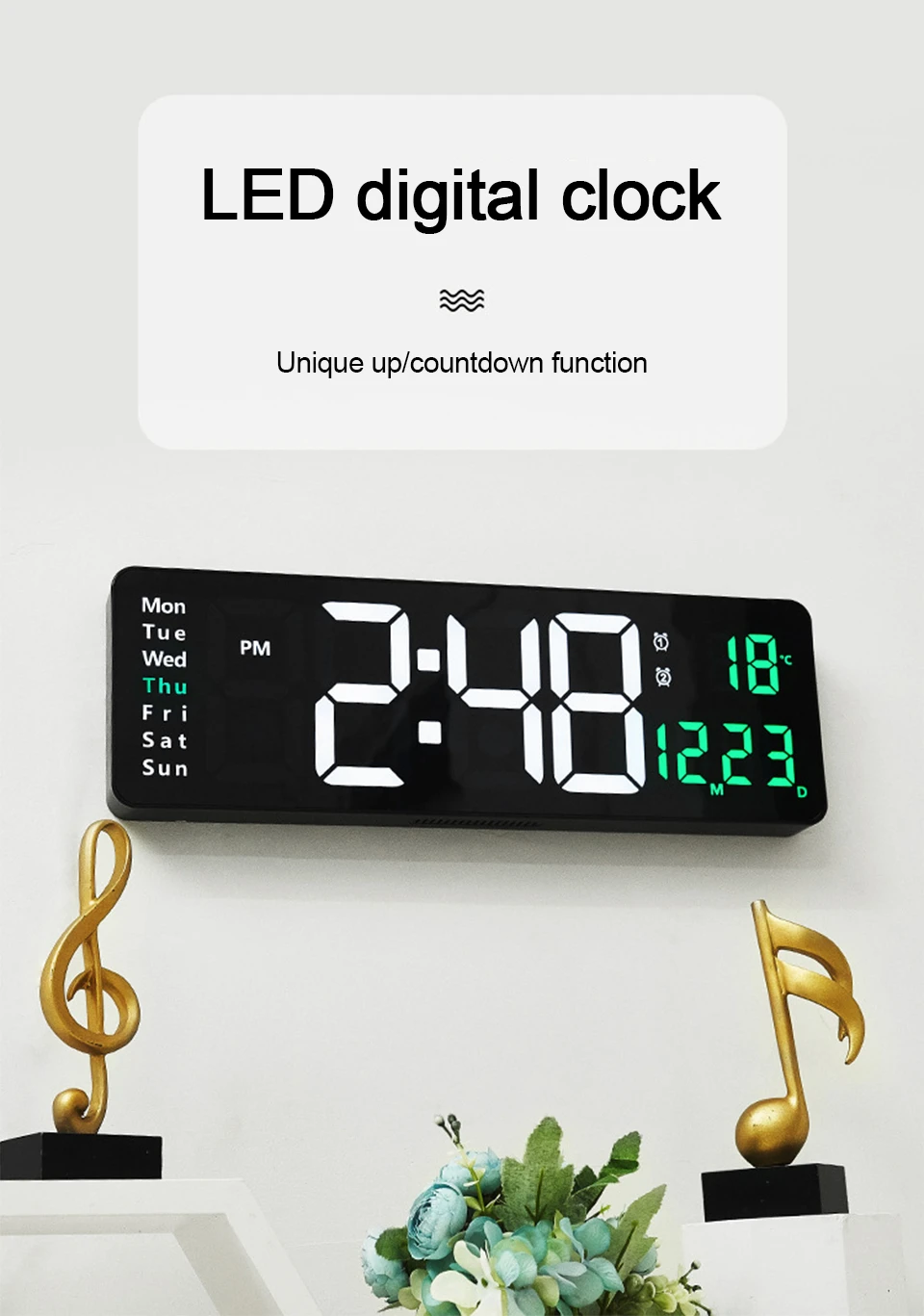 Large Digital Wall Clock Remote Control Temp Date Week Display Power Off Memory Table Clock Wall-mounted Dual Alarms LED Clocks