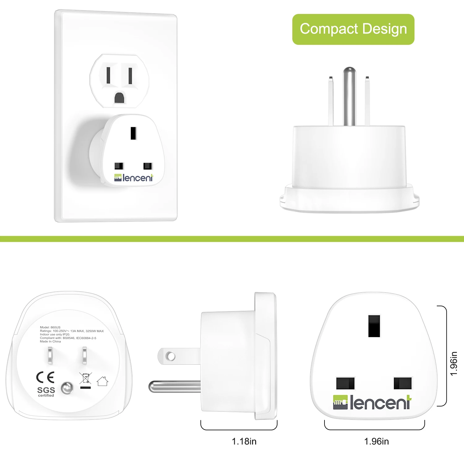 LENCENT 2 PCS UK to US Travel Adapter Overload Protection Wall Charger Grounded American Travel Adapter for United States