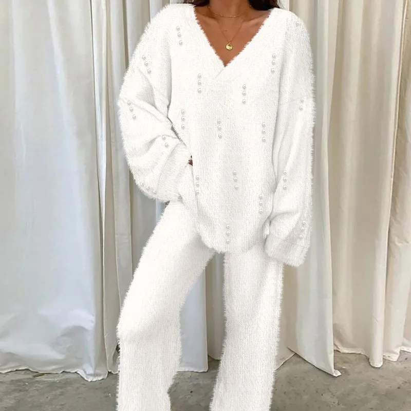 

2023 Autumn Winter New Women's Solid Color Bubble Beads Decorative V-neck Top Pants Suit Loose Casual
