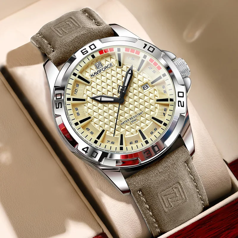 NAVIFORCE Men's Luxury Leather Band Quartz Watch - High-Quality Business & Sports Casual Timepiece