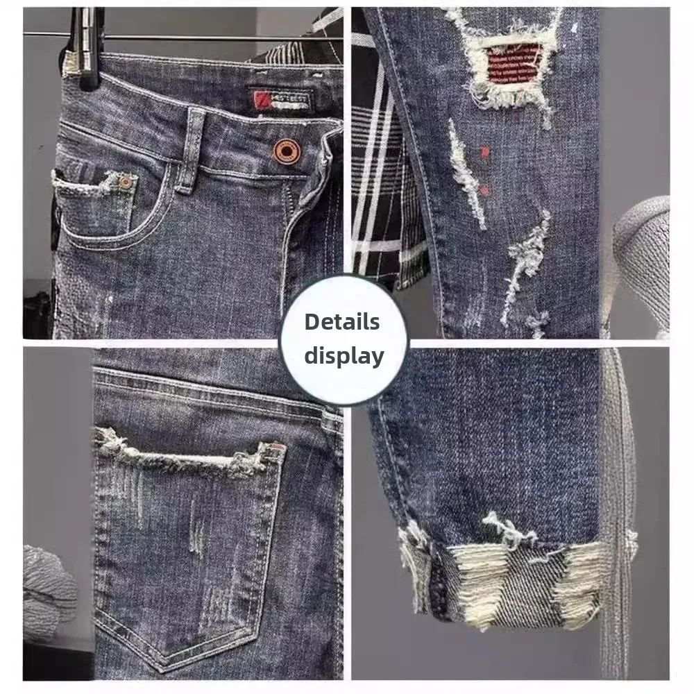Spring Season Men's Jeans Deep Blue Slim Fit Korean Style Slims Smooths Your Silhouette Trendy Men's Wear Ripped Pants men jeans ripped jeans ripped patchwork jeans