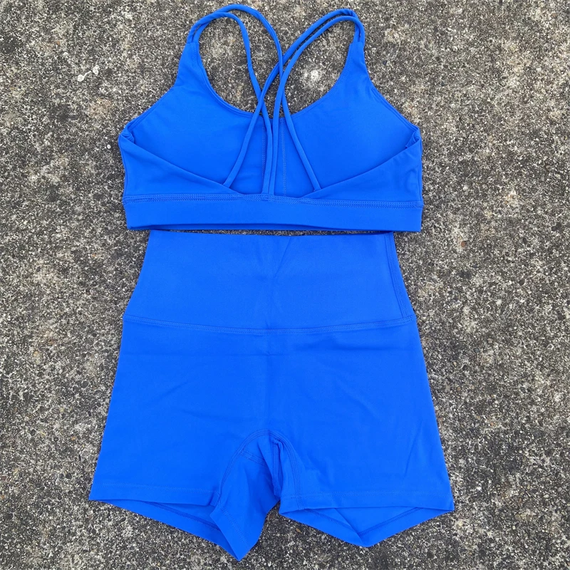 Yoga Shorts Set Gym Sports Set 2 Piece Women Workout Outfit Fitness Suit Cross Straps Bra High Waist Shorts Running Tracksuit 4