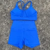 Yoga Shorts Set Gym Sports Set 2 Piece Women Workout Outfit Fitness Suit Cross Straps Bra High Waist Shorts Running Tracksuit 4