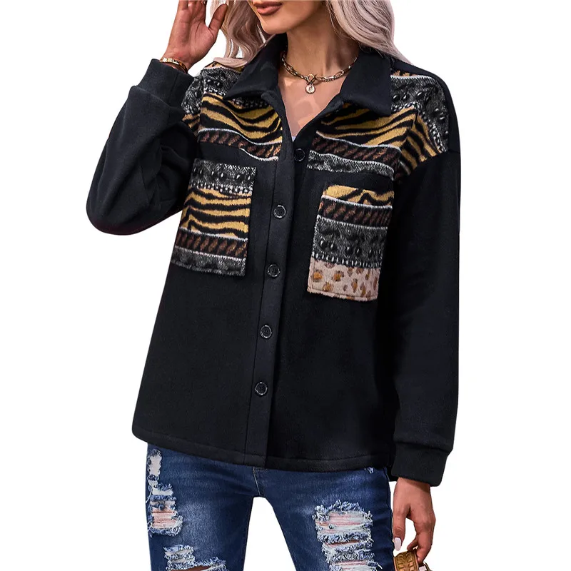 Women Fall Jacket Coat Patchwork Lapel Long Sleeves Buttonup Casual