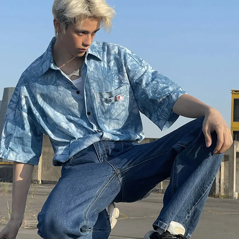 

American California Retro Summer Tie-dye Blue Loose Men Shirt Womem Short Sleeve Harajuku Shirt Couples Hong Kong Style Summer
