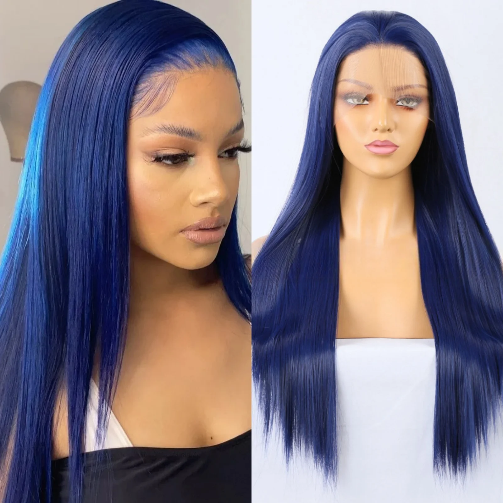 Lace front wig Lace wigs Womens synthetic wigs Synthetic wigs Blue straight synthetic lace front wig Glueless wigs Ready to wear long hair For women