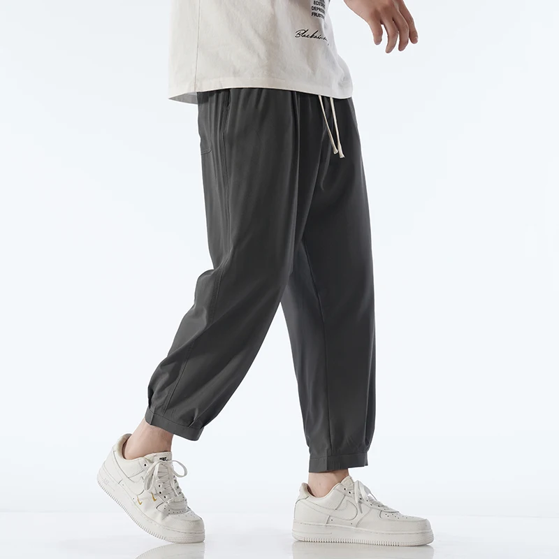 Summer New Trendy Solid Color High Waisted Elastic Drawstring Men's Ice Silk Quick Drying Casual Sports Leggings Cropped Pants