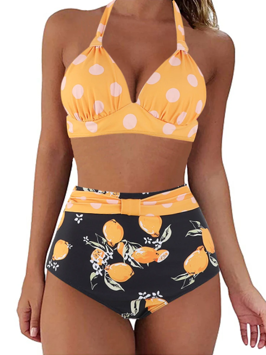 Halter Bikini Set 2023 Women High Waist Swimwear Female Solid Swimsuit Printed Beachwear Tie Back Bathers Underwire Bathing Suit