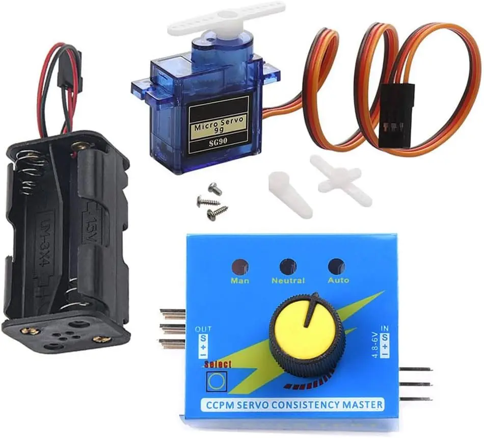 Kit Testeur Servo Numérique 3CH + Moteur 9g 360° + Boîtier 4xAA – Pour Hélicoptère, Voiture, Bateau, Robot RC