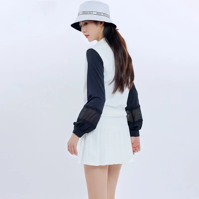 DK Golf Women's New Sleeveless Vest Slim Fit Polo Tops Warm Waistcoat Lady Pleated Short Skirt High Waist Casual Golf Skorts