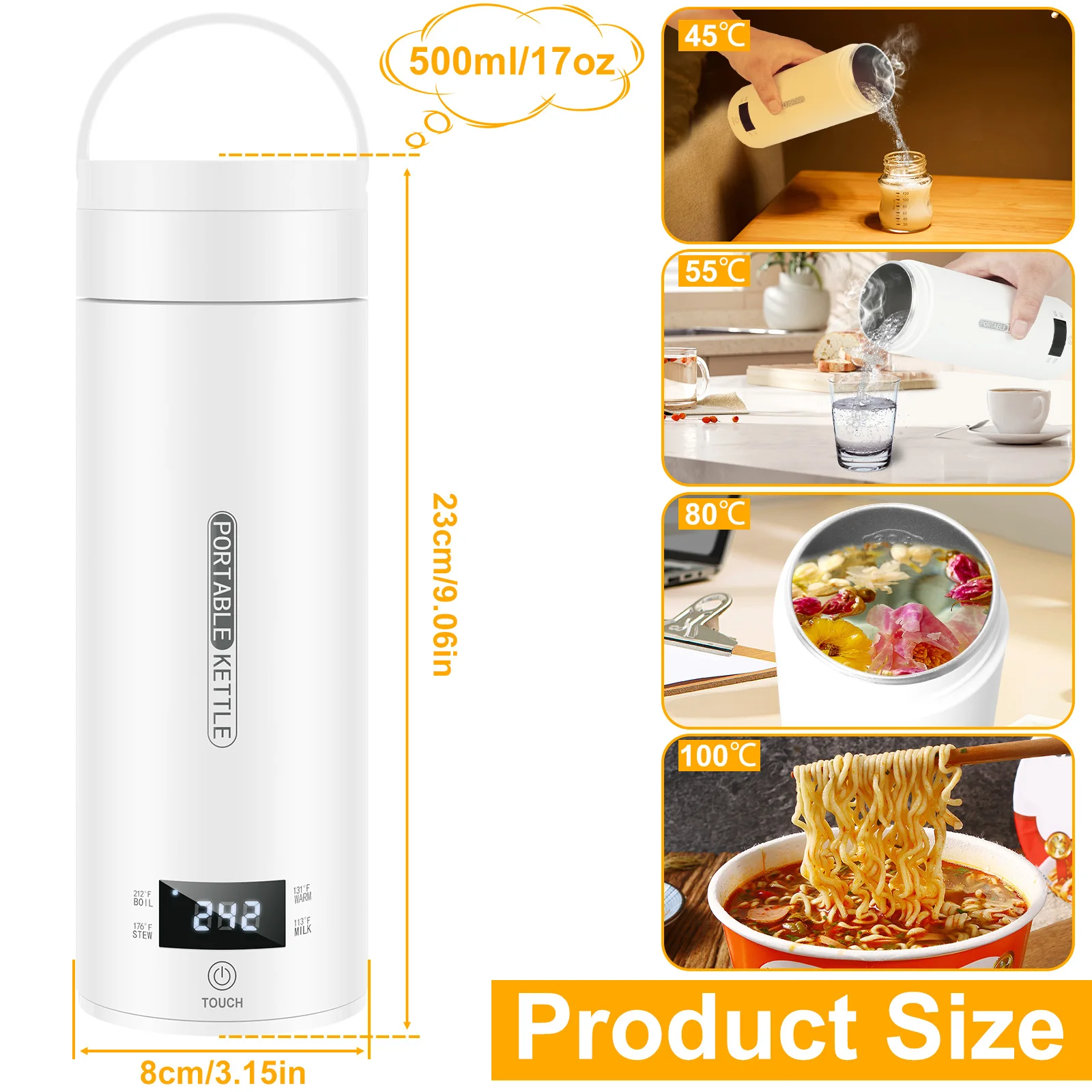 Portable Travel Kettle with Display 4 Temperature Control Water Boiler Cup Automatic Shut Off Electric Heating Cup for Travel, folding kettle,portable folding kettle