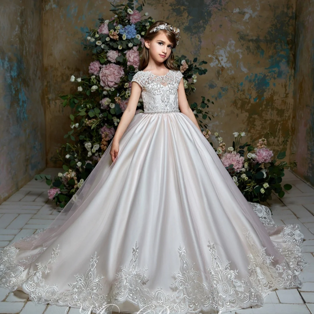 Flower Girl Dresses Pink Tulle Puffy Appliques With Bow Long Sleeve For Wedding Birthday Banquet First Communion Gowns