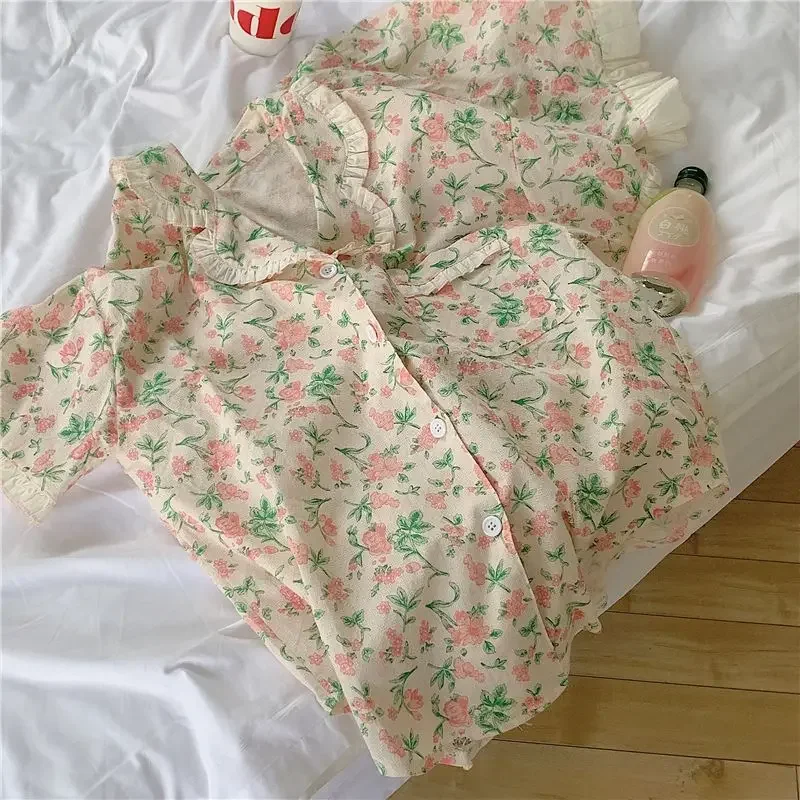 Floral Sleepwear Women Korean Reviews Many Pajama Set Summer Button Home Wear Short Sleeve Pyjamas Two-piece Set Japanese Piiama 2