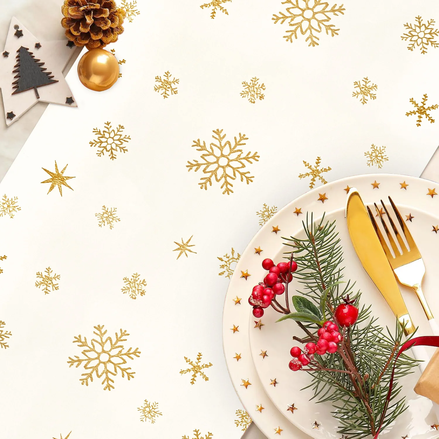 Weihnachtlicher Tischläufer aus Polyester/Leinen in Gold – ideal für Weihnachtsfeiern, Partys, Schneemann-, Elch- und Blumendekoration, winterliche Tischdekoration, Geschenkidee_voghion.com