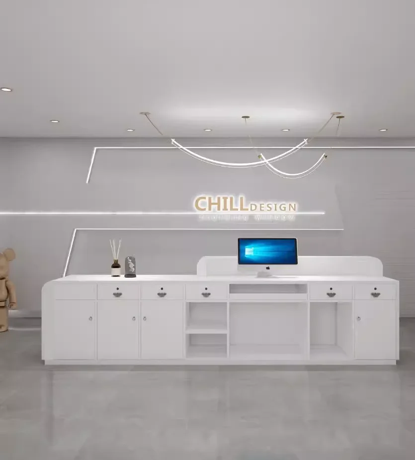 Metal Stainless Steel Office Checkout Counter Hotel Office Furniture Work Front Desk Reception Salon Reception Desk With Cabinet