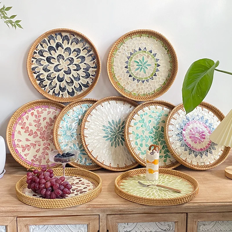 Storage Tray Kitchen Tray Bamboo Organizer Tray Handwoven Rattan Bread Fruit Cake Snacks Picnic Serving