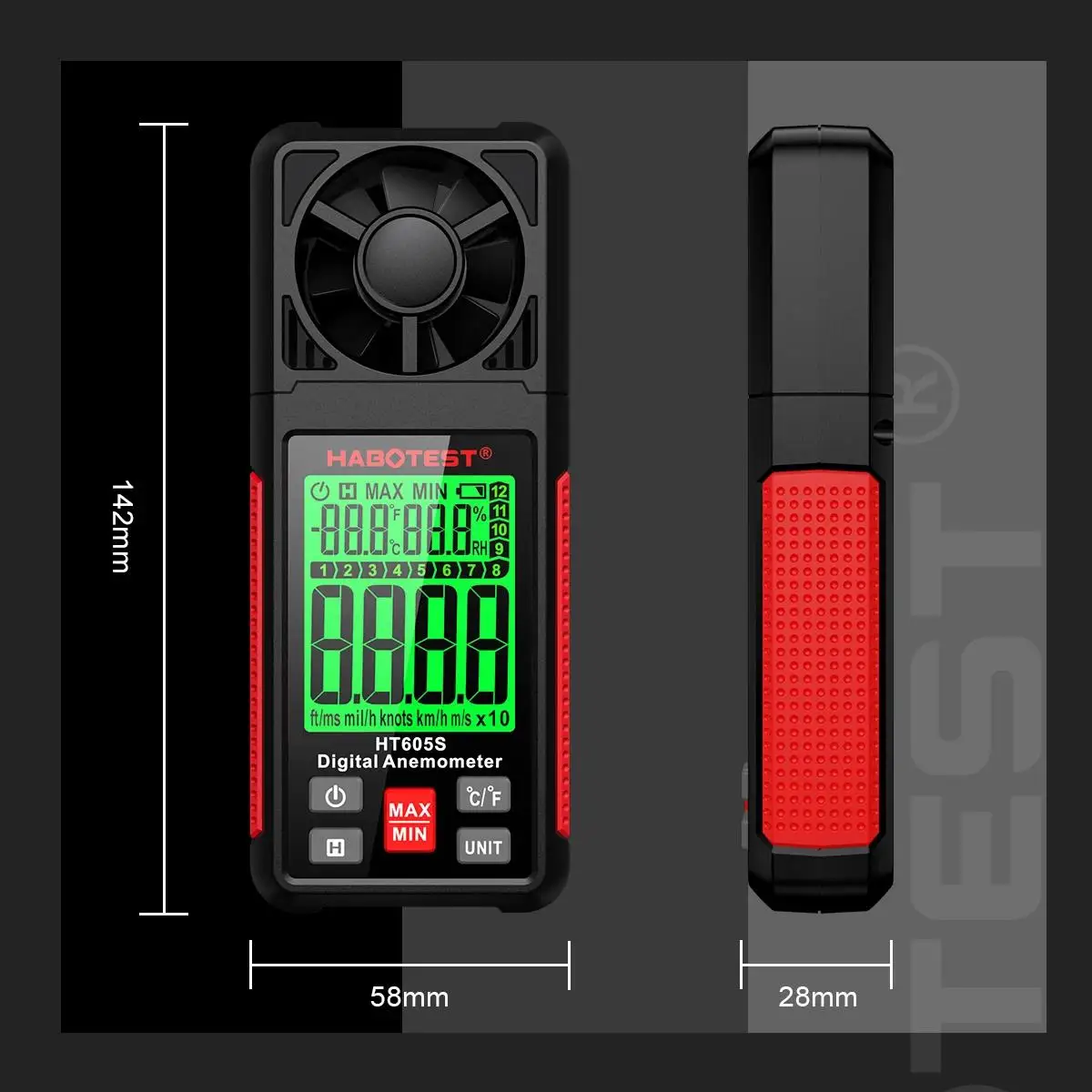 HABOTEST HT605S Digital Anemometer Handheld Portable Wind Speed Meter Air Velocity Gauge LCD Display Temperature Humidity Meter
