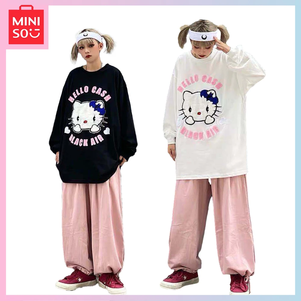 

Miniso Cartoon Kawaii Hellokitty Y2K Sweet Cool New Embroidery Long Sleeve Trend Simple Loose All-Matching Student Base Top