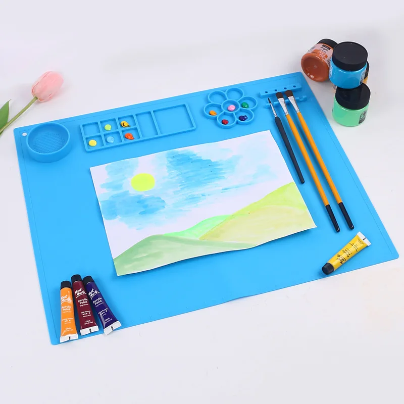 Silicone Painting Mat Kids Art Crafts Pads with Cup and Paint Brush Holder Palette DIY Handmade Mat 2