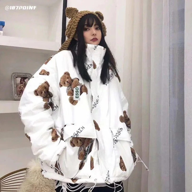 Winter 2022 New Japanese Women's Sweet Coat Cartoon Print Warm Coat Girl Kawaii Hooded Coat Fashionable Female Woman Jacket