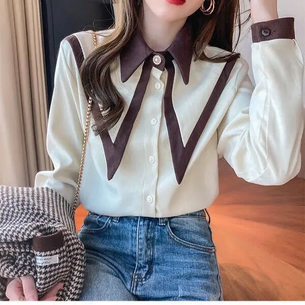 Fashion Lapel Button Spliced Sweet Shirt Commute Female Clothing 2023 Spring New Loose Casual Tops Long Sleeve Chic Blouse