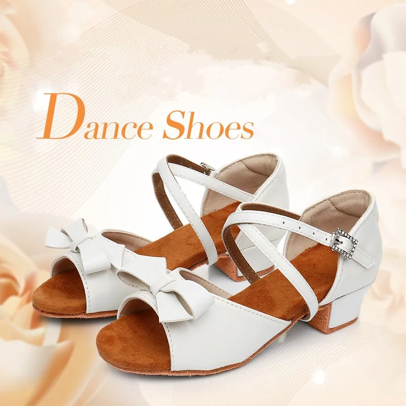 

New Fashion Bowtie Children Latin Dance Shoes Girls' Pu Ballroom Tango Cha-Cha Dancing Sandals White 3cm Heel Soft Suede Sole