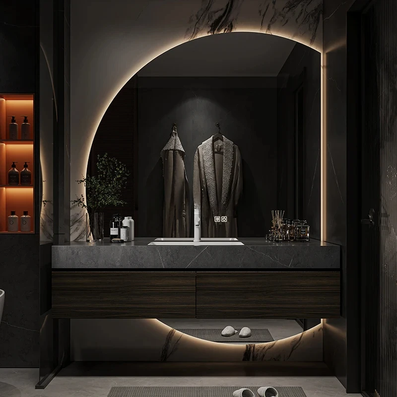 Light luxury rock slab bathroom cabinet seamless ceramic integrated basin washbasin cabinet combination