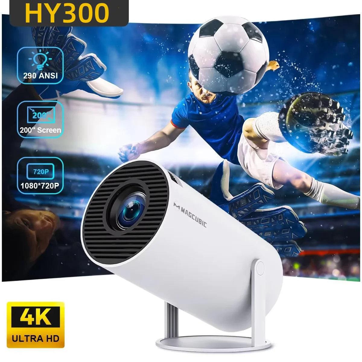 미니 프로젝터, 4K 1080P 지원, 듀얼 밴드 WIFI6 5G 무선, 안드로이드 14, 290 ANSI, 180도 °   회전식 비디오 HY300 NEW 2026