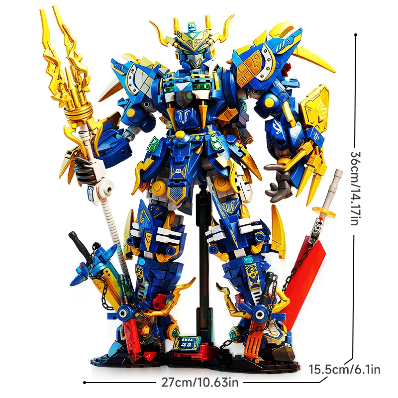 Large Mechanical Warrior Superhero Mecha Blue Dragon Robot Building Blocks Assem