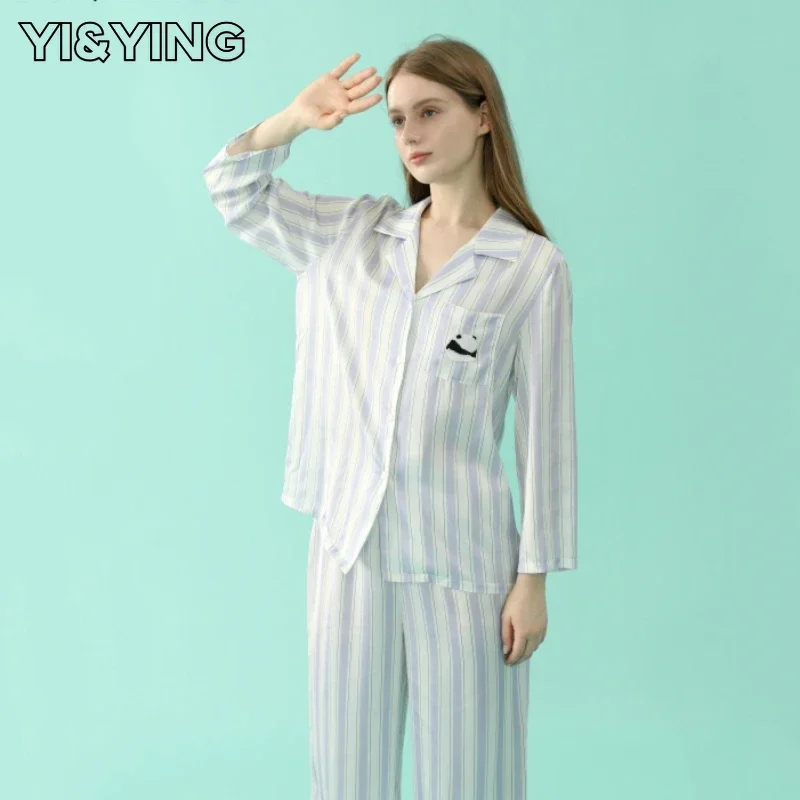 

[YI&YING] 2023 Spring and Autumn New Simulated Silk Pajamas Women's Long Sleeve Pajamas Home Suit Set Can Be Outworn YA2C052 (Bl