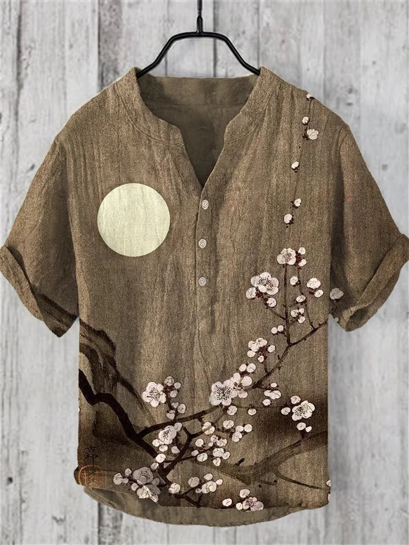 Men's casual fashion outdoor seaside men's top shirt V-neck linen blend shirt new plus size