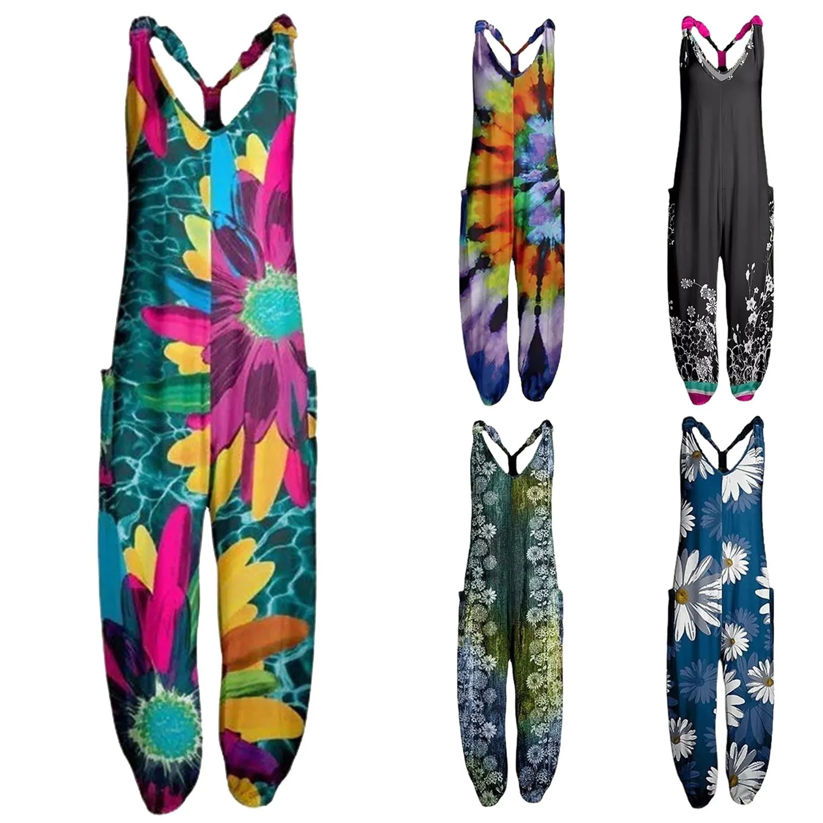 

Ladies Printed Loose Plus Size Suspenders Jumpsuit Summers Straight Leg Pants New Silm-Type Beach Overall macacão feminino