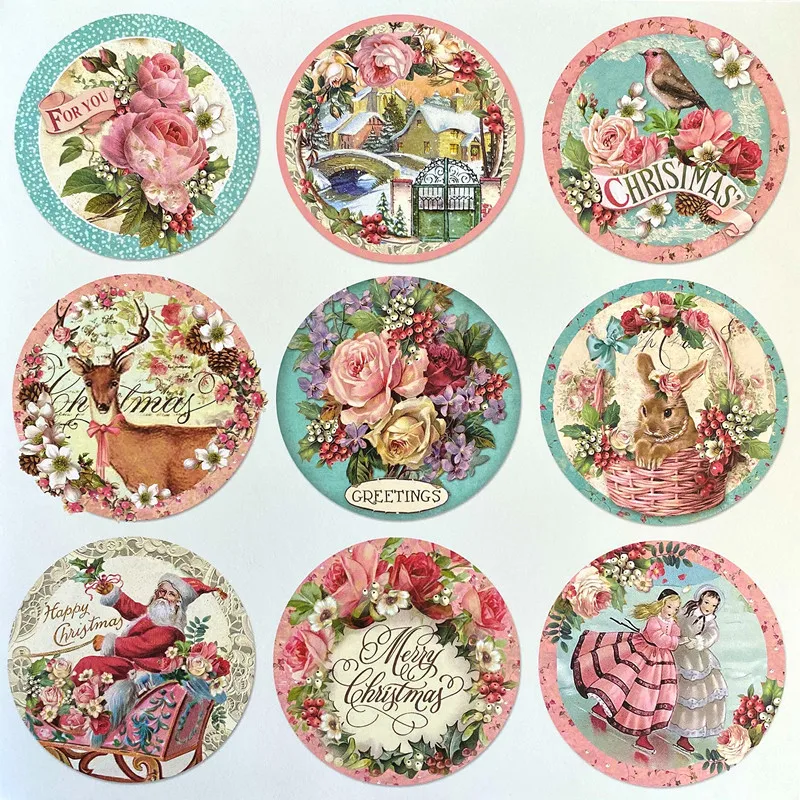 Retro Pink Rose Christmas Stickers for DIY Scrapbooking Diary Photo Album Junk Journal Happy Planner Decorative Tag Gift Sticker