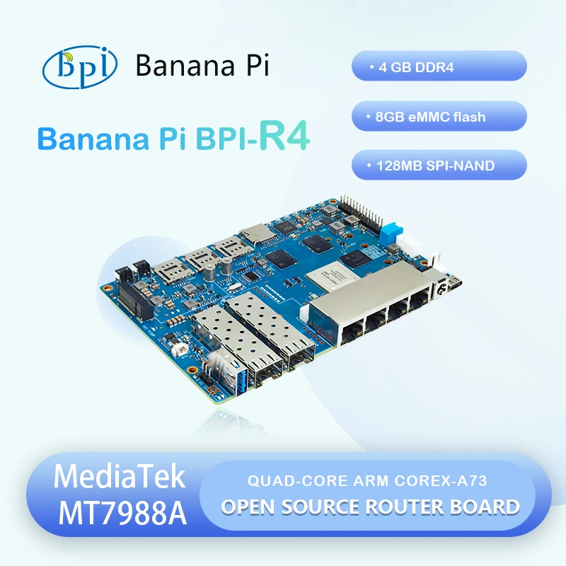 Banana Pi BPI-R4 MediaTek MT7988A (Filogic 880) quad-core Arm Corex-A73 4GB DDR4 8GB eMMC flash Smart Router Board