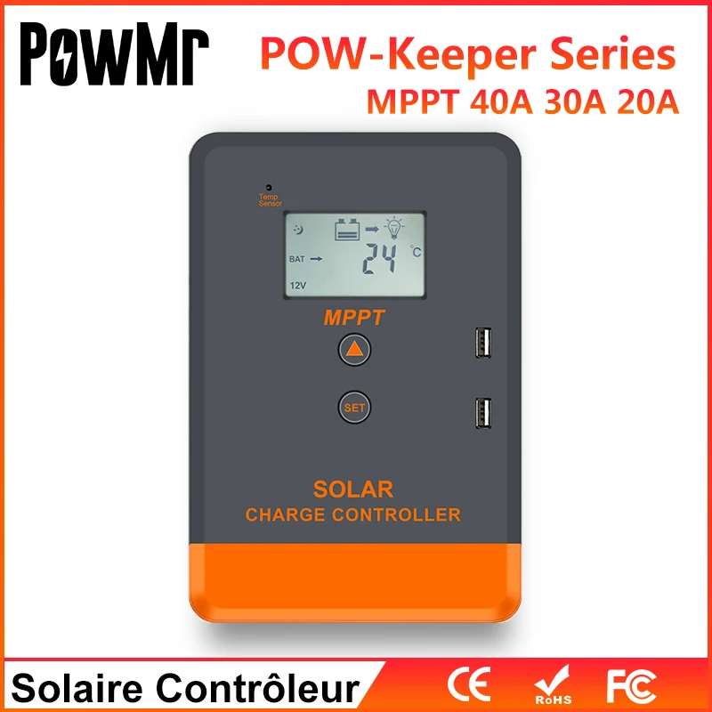 PowMr – contrôleur de Charge pour panneaux solaires, 12/24V, 20a, 30a, 40a, 100% MPPT, entrée PV automatique, réglage 100vdc, temps de travail pour panneaux solaires