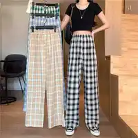 High Waist Plaid Casual Pants Loose Wide Leg Women's Hong Kong Sle Autumn Season Polyester Fiber Folded  Trousers