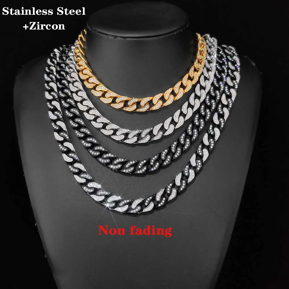 Hip Hop Jewelry Ice Out Cuban Link Chain For Men 18k Gold Plating Bling Full Diamond 12MM Stainless Steel Necklace No Fade